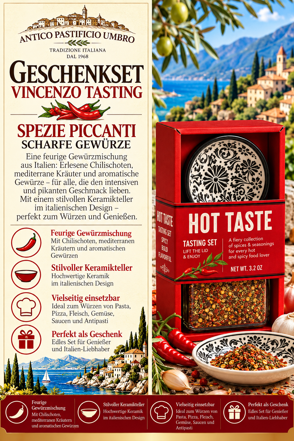 Tasting set, Hot spices, Ceramic plate, Gift set, Red box