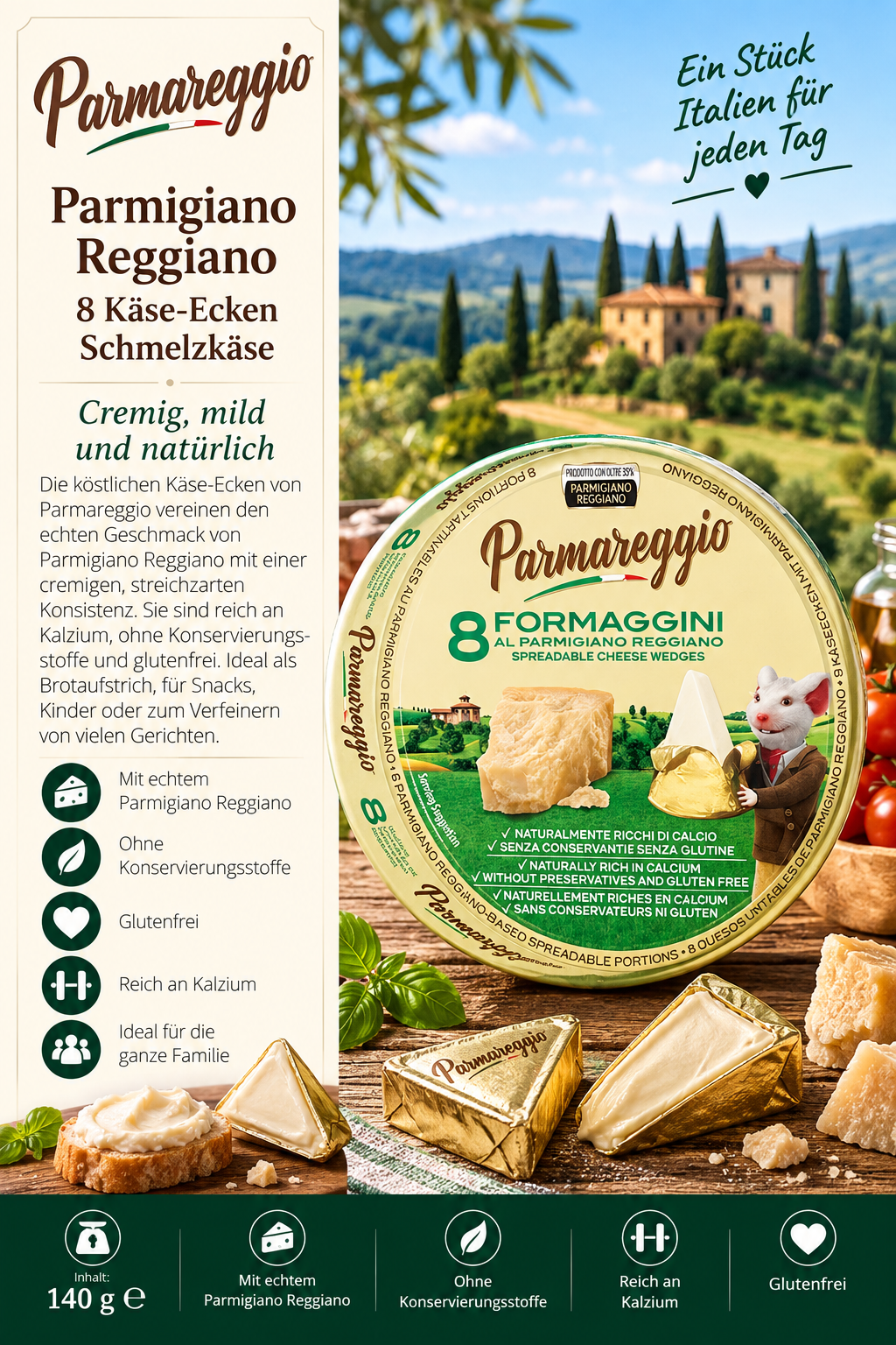 Käse, Käse-Ecken, Parmigiano Reggiano, Formaggini, 8 Stücke