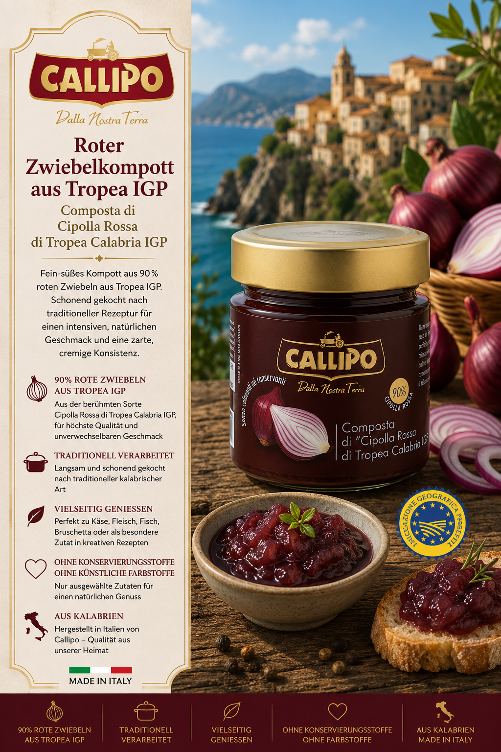 Roten Zwiebelkonfit, Zwiebelkonfit, Tropea IGP, Italienische Konfitüre, Lieferung aus Kalabrien