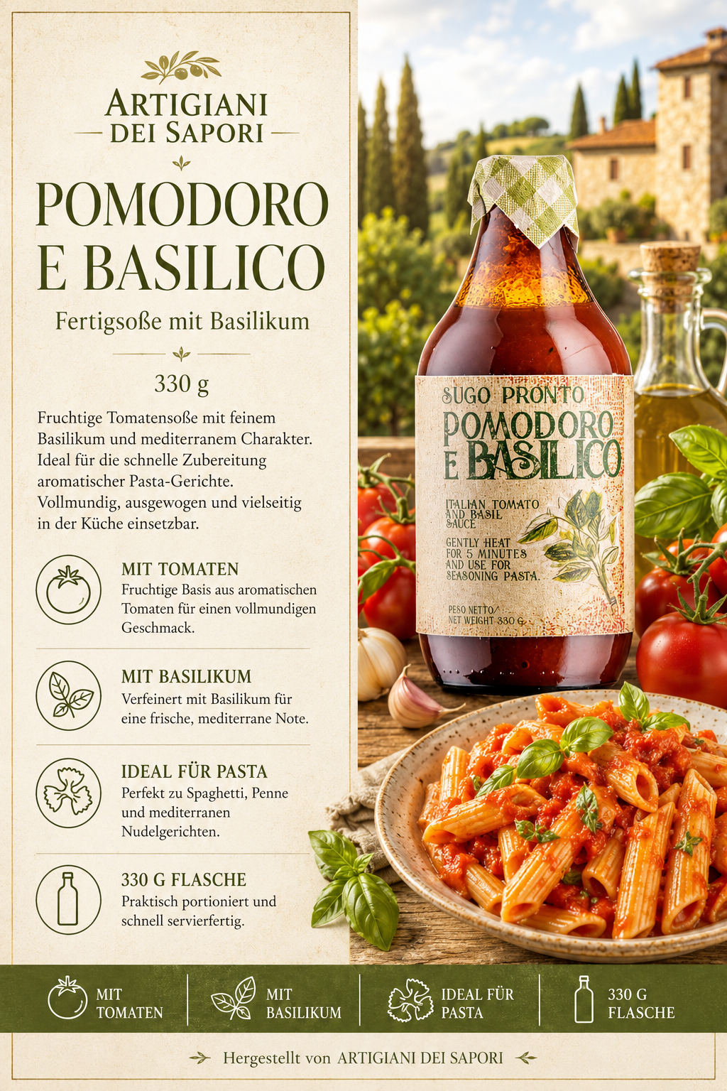 Tomate, Basilikum, Pasta-Sauce, Italienisch, Flasche