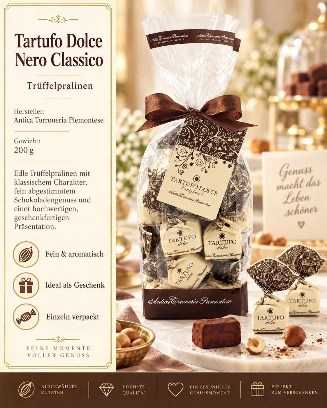 Trüffelpralinen, Tartufo, Schokoladenpralinen, 200 g, Geschenkverpackung