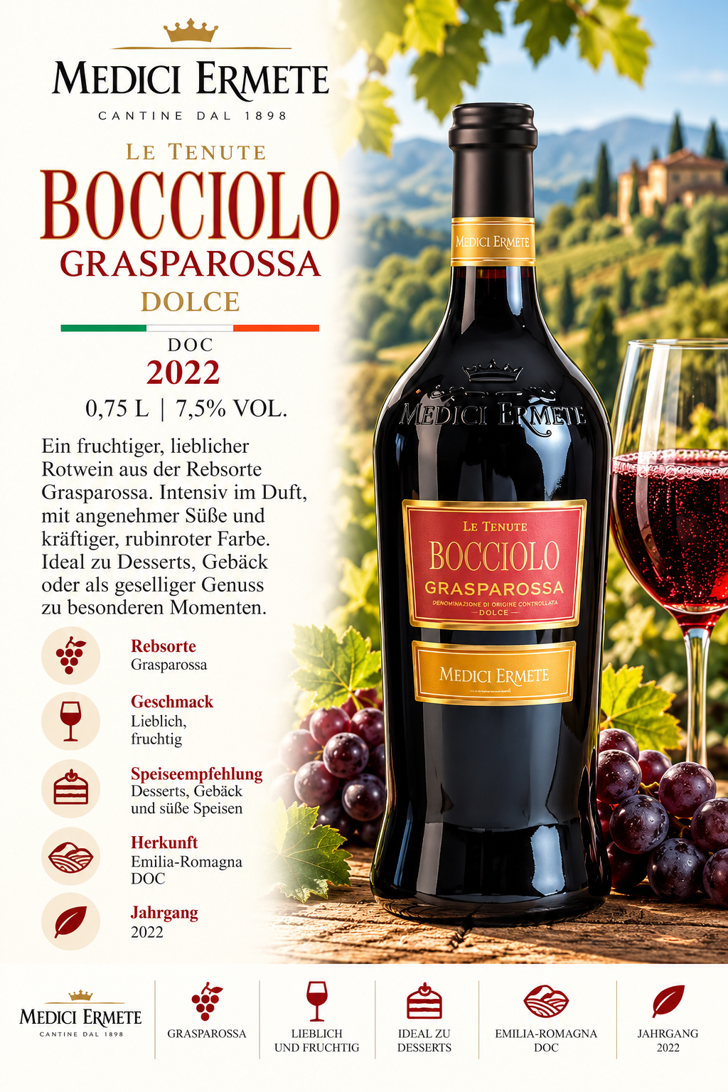 Wein, Rotwein, Bocciolo Graspasossa, Dolce, DOC 2022