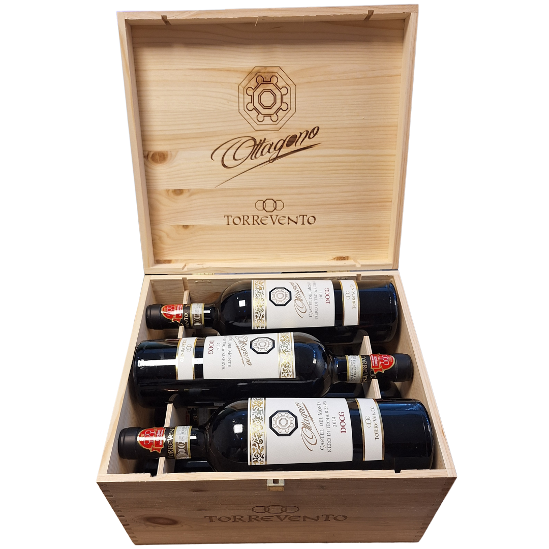 6 Flaschen Ottagono Castel del Monte Nero di Troia Riserva DOCG 2014 Torrevento | in der Holzkiste