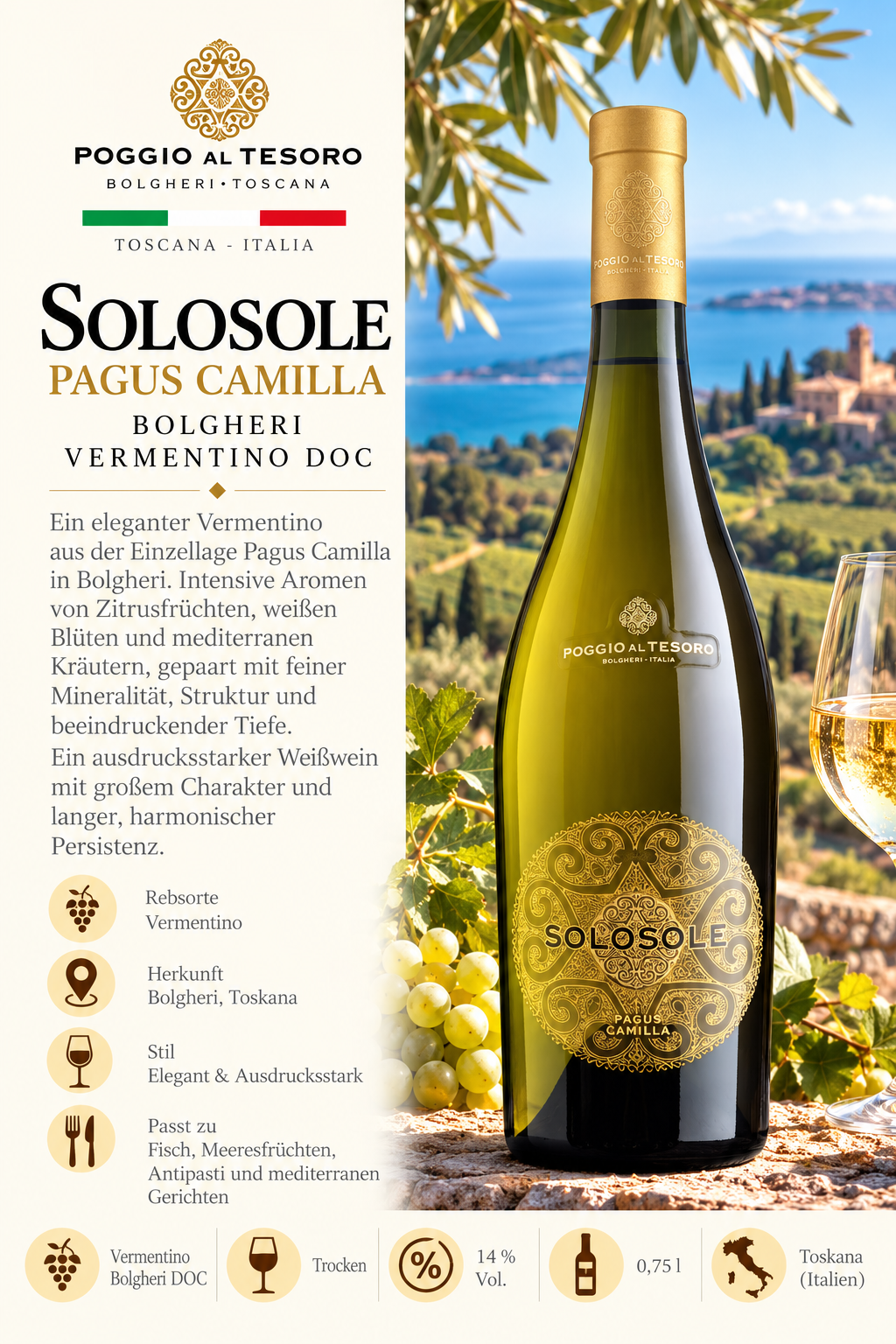 Vermentino, Dolce Weißwein, Solosole, Bolgheri, Toscana