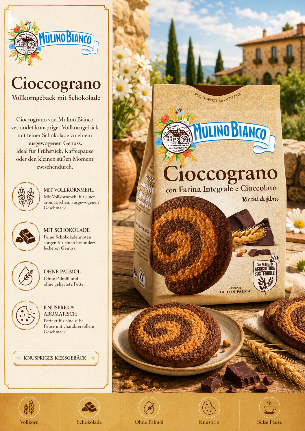 Kuchenrolle, Cioccograno, Vollkornmehl, Schokoladenstückchen, No Palmöl
