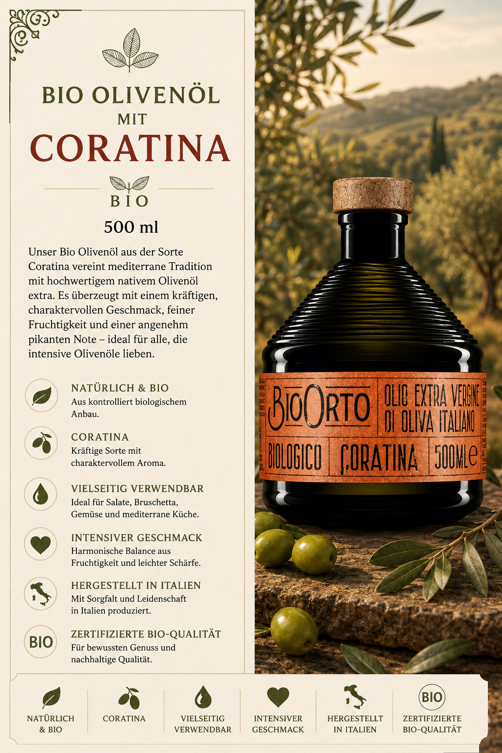 Olivenöl, Biologisch, Coratina, 500 ml, Glasflasche
