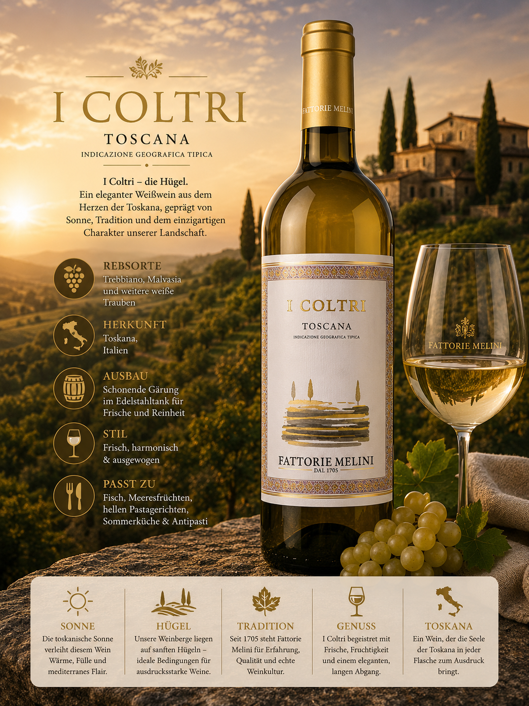 Weißwein, Flasche, Glas, Hügelmund, Italienische Weinszene