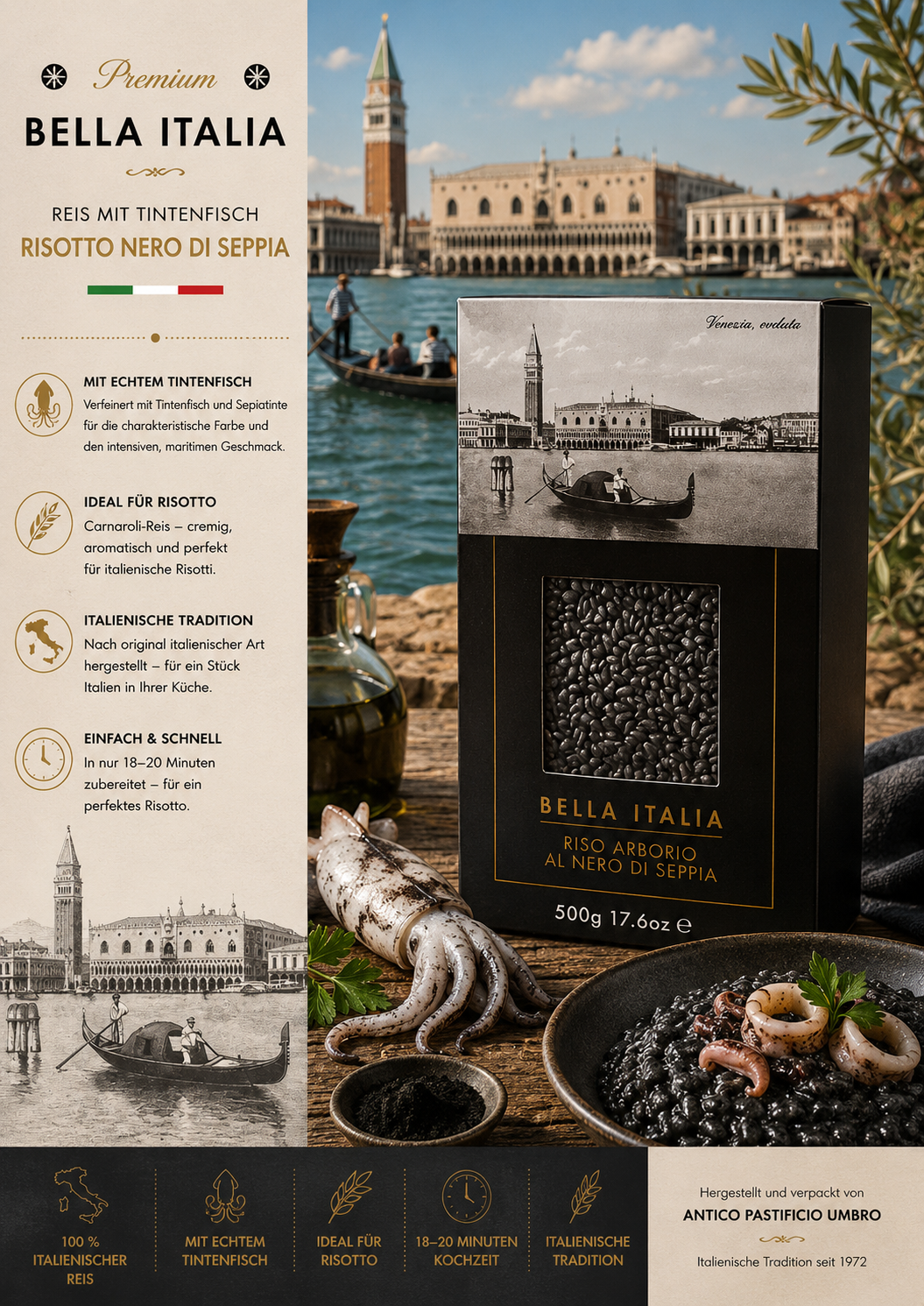 Risotto, Reis, Tintenfisch, Schwarz, Italienische Tradition