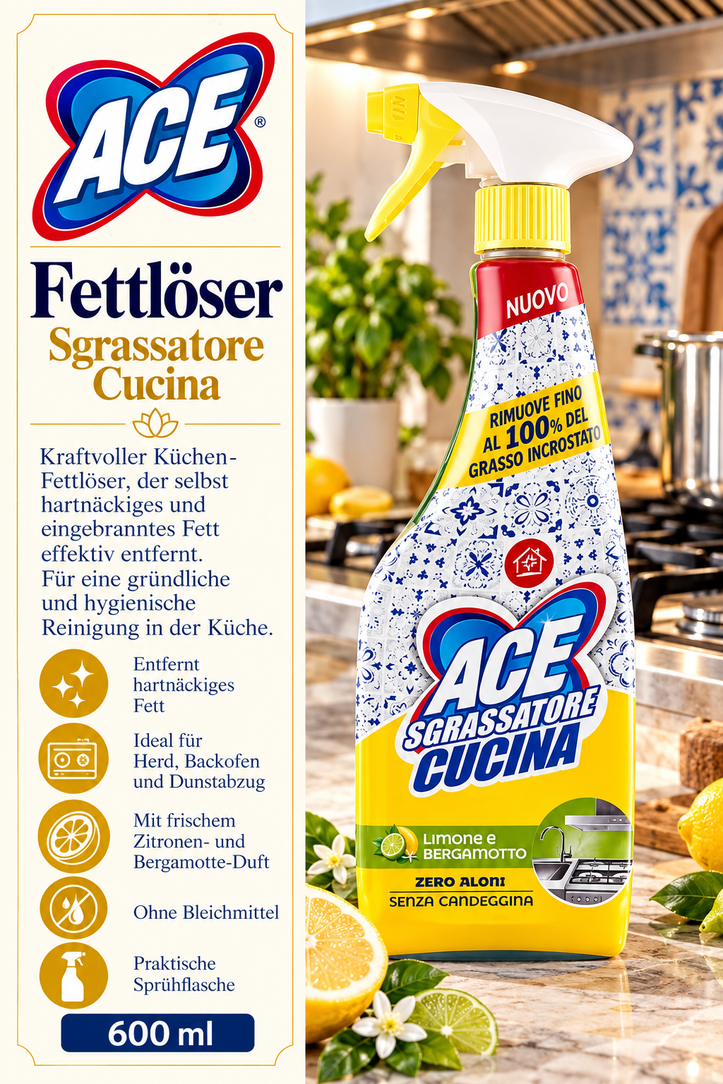 Küchenreiniger, Fettlöser, Sprühflasche, Zitrusduf, 600 ml