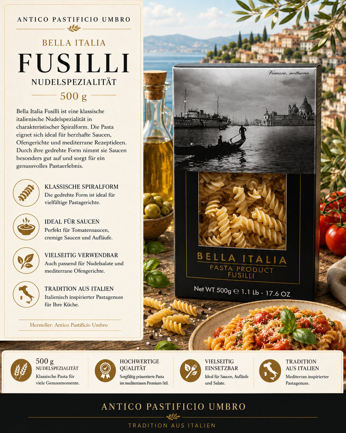 Pasta, Fusilli, 500 g, Pastasorte, Pastaverpackung