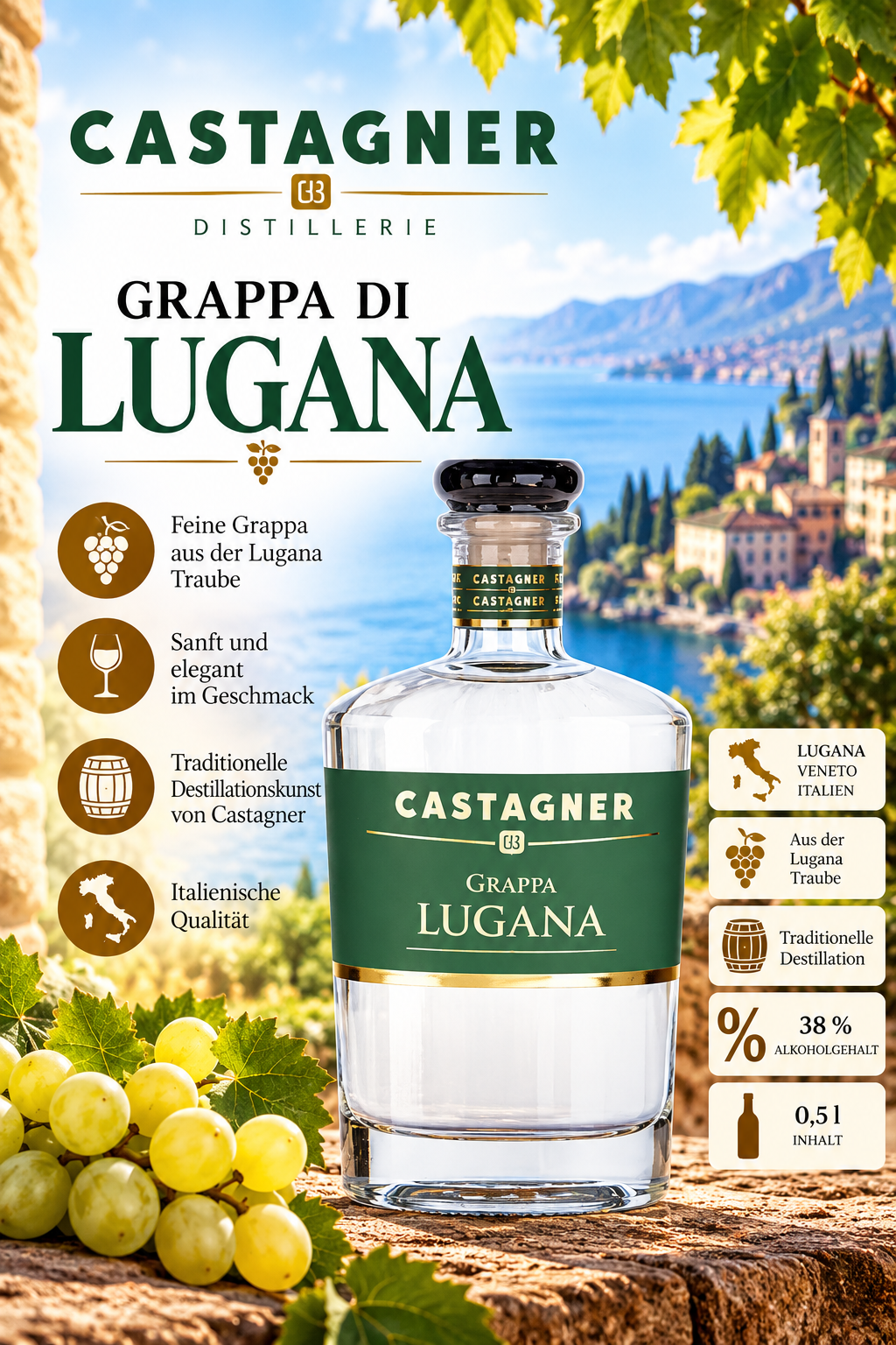 Grappa, Lugana, Destillate, Glasflasche, GrappaLugana