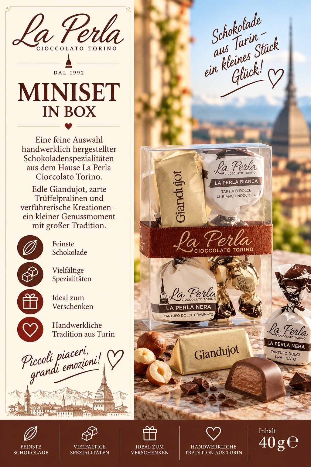 Schokolade, Miniaturen, Pralinen, Verpackung, La Perla