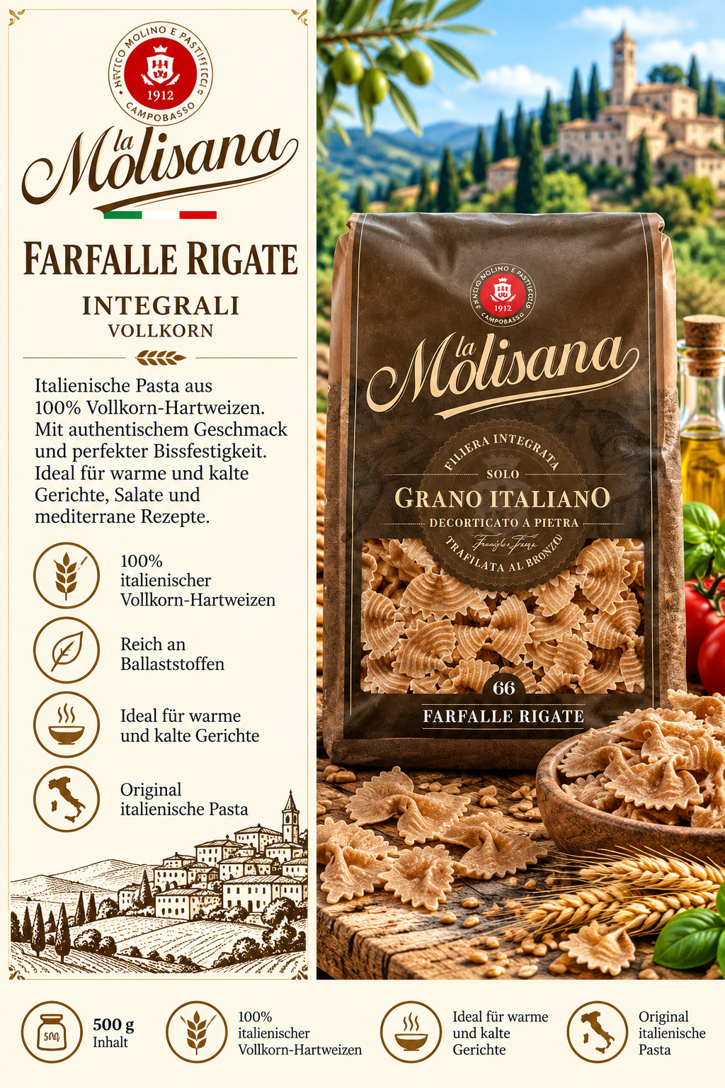 pasta, farfalle, rigate, vollkorn, italienische pasta