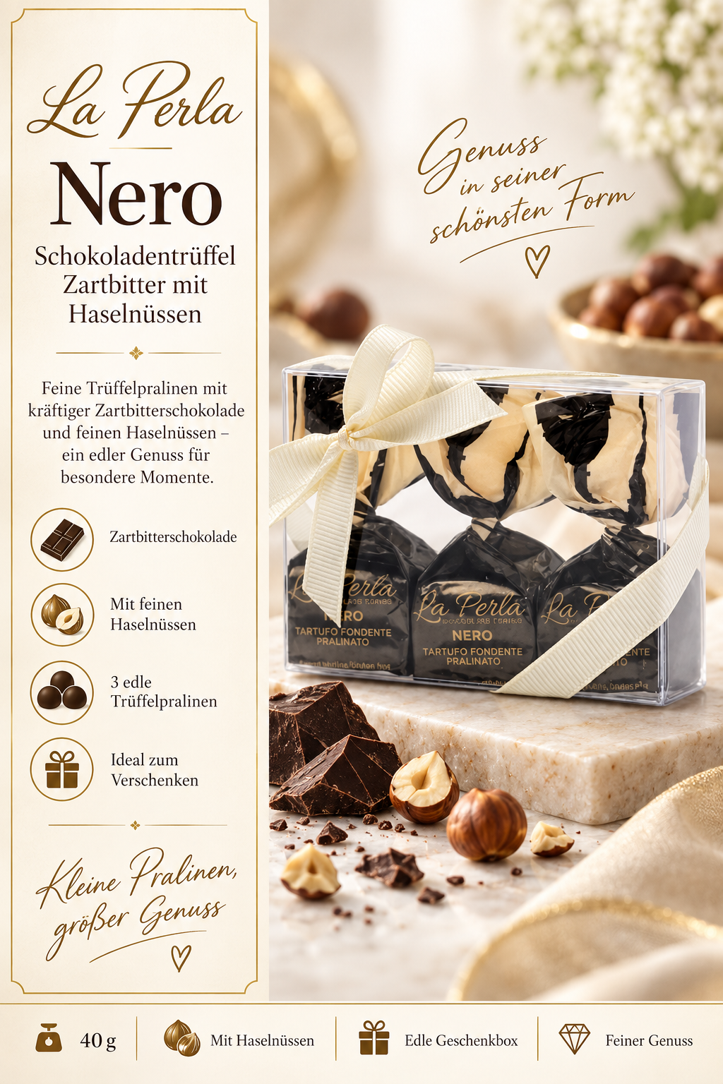 Schokolade, Pralinen, Haselnüsse, Zartbitterschokolade, Geschenkbox