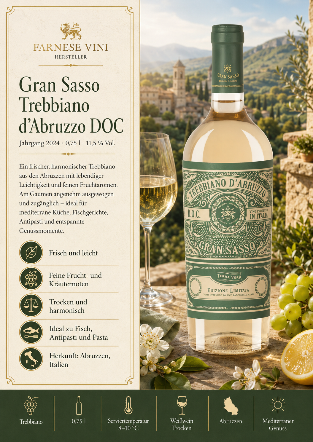 Weißwein, Gran Sasso Trebbiano d'Abruzzo DOC, Flasche Wein, Italienischer Wein, D.O.C. Wein
