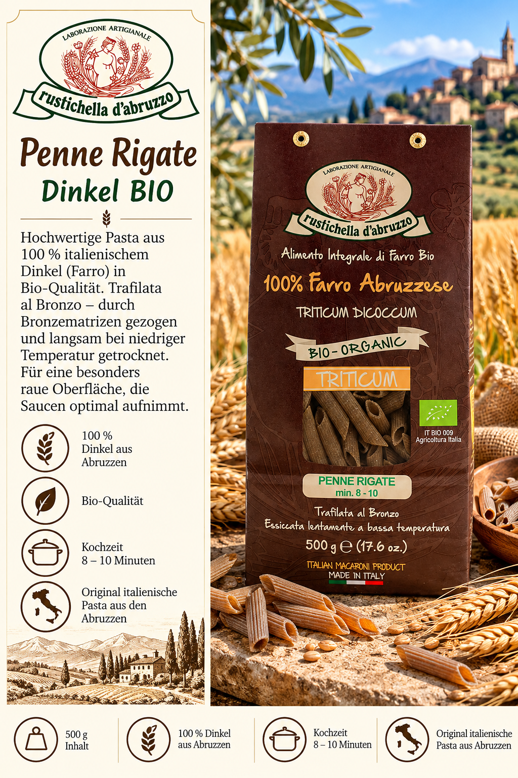 Penne Rigate, Dinkel BIO, Bio-Qualität, Italienische Pasta, Kochzeit 8–10 Minuten