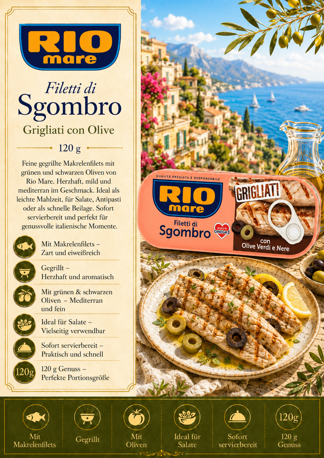 Filetti di Sgombro, Grigliati con Olive, Oliven Verdi, Sgombro 120g, Rio Mare