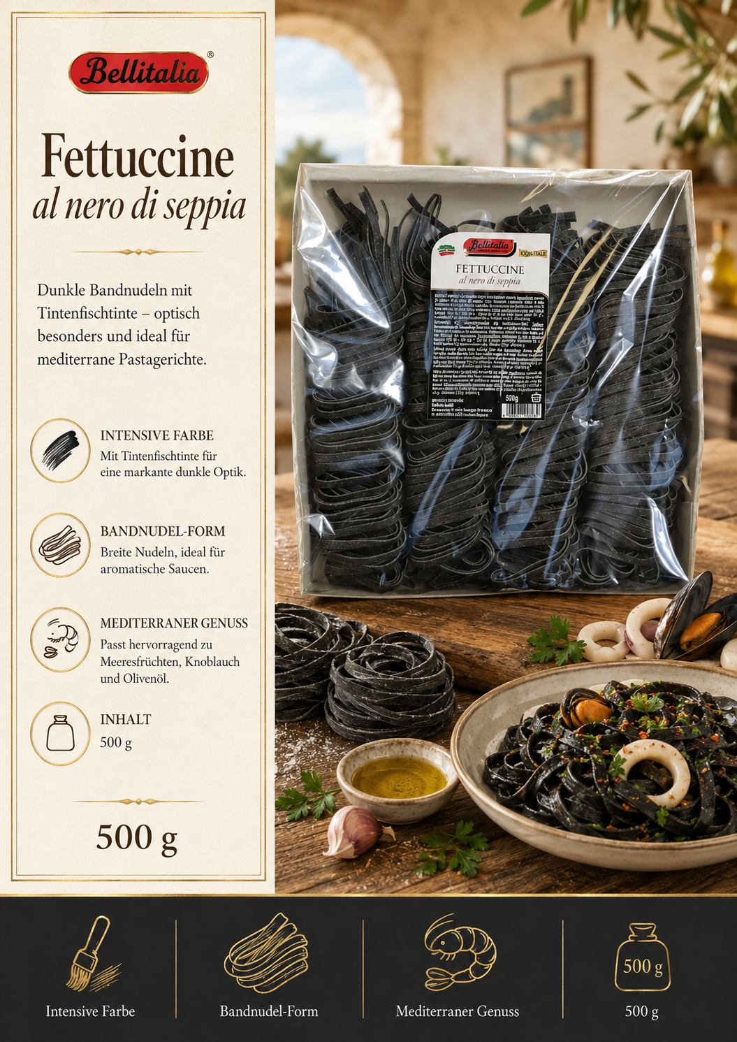 Fettuccine, dunkle Nudeln, Bandnudeln, 500 g, italienische Pasta
