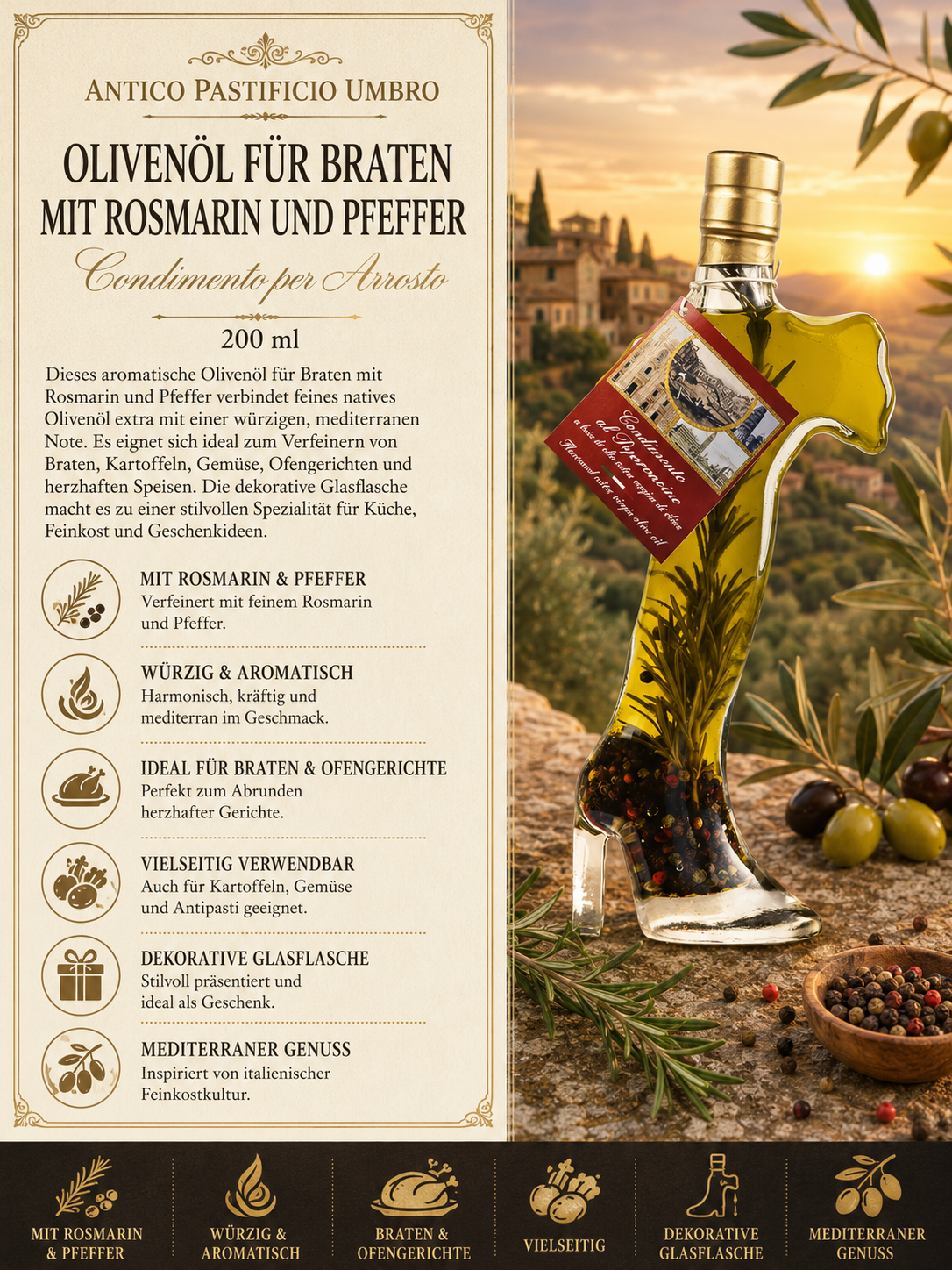 Olivenöl, Rosmarin, Pfeffer, Glasflasche, Mediterraner Genuss
