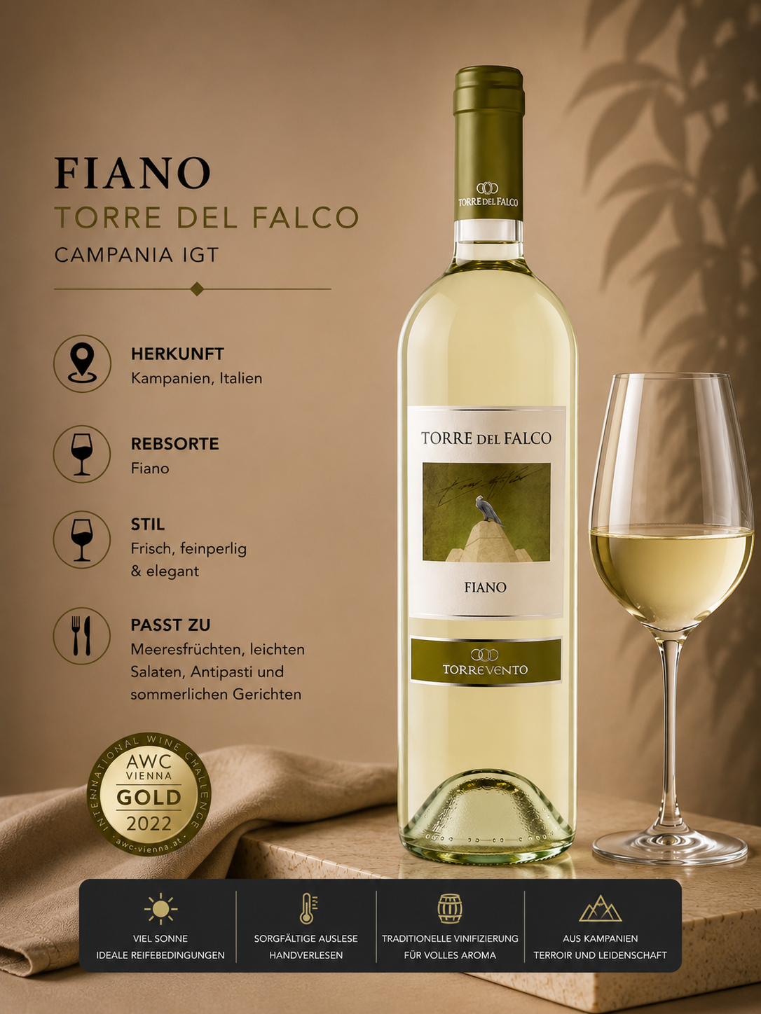 Weißwein, Flasche, Glaswein, Torre del Falco, Fiano