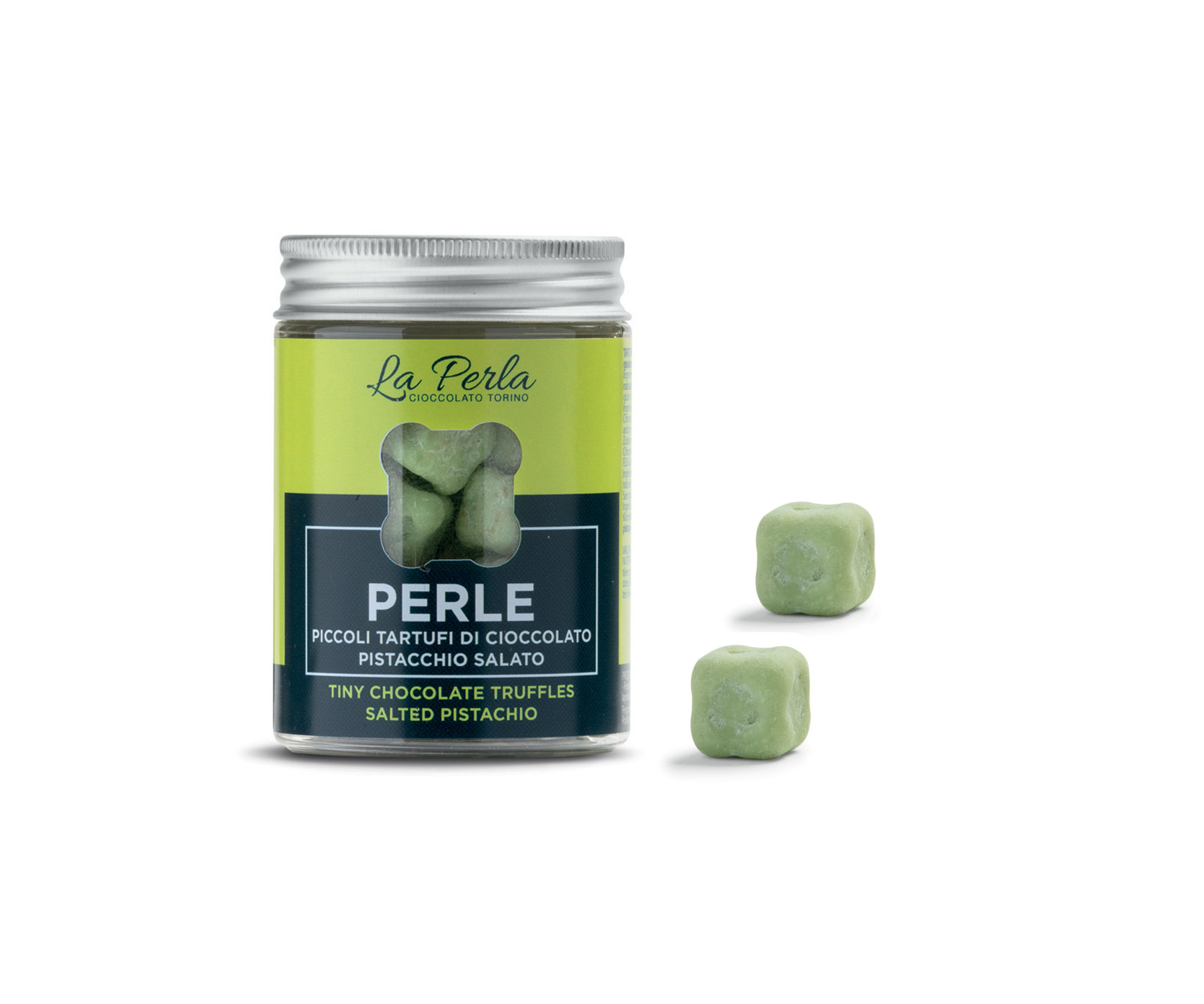 Perlen mit weißer Schokolade mit gesalzenen Pistazien in Metalldose 50g /La Perla