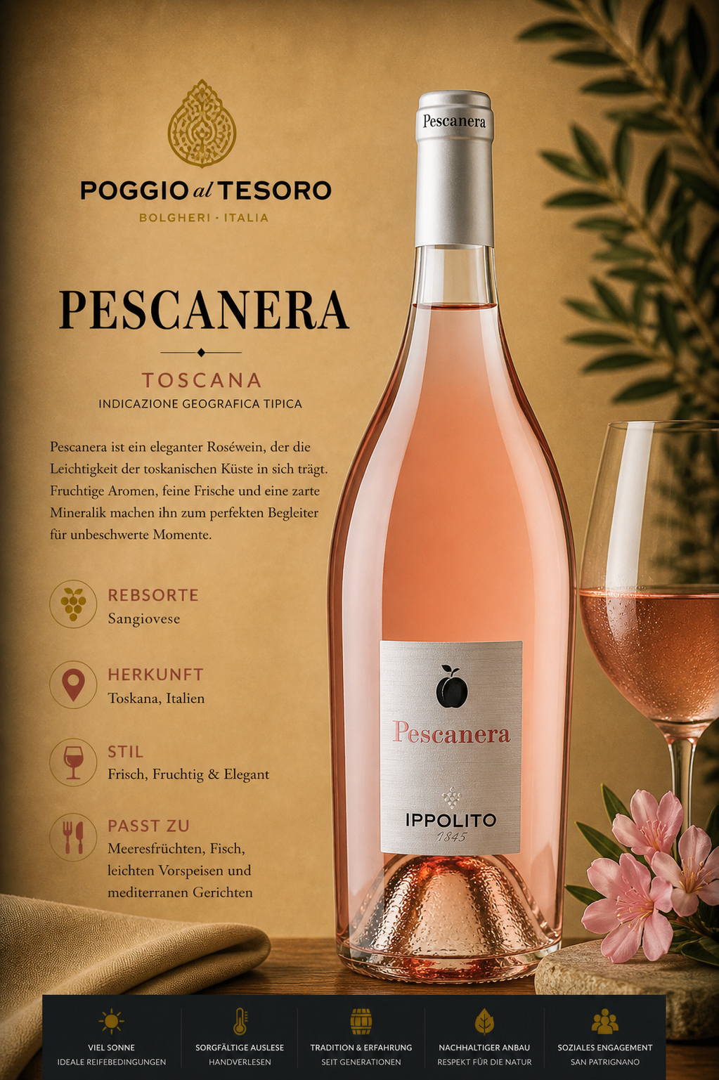 roséwein, Pescnera?, Weinflasche, Toskana, Rosé