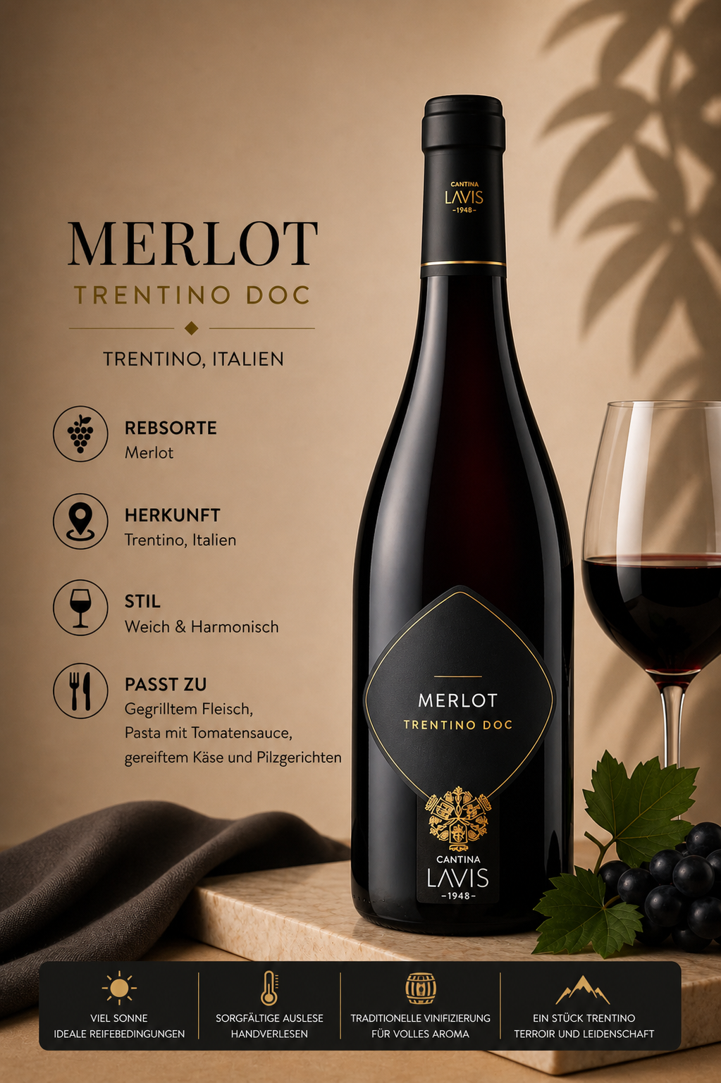 Merlot, Weinflasche, Trentino, Merlot Trentino Doc, Rotwein
