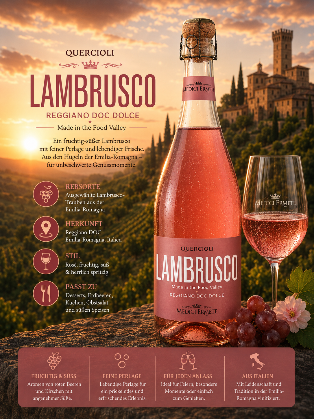 Lambrusco, Rosé, Flasche Wein, Weinglas, Weinreben
