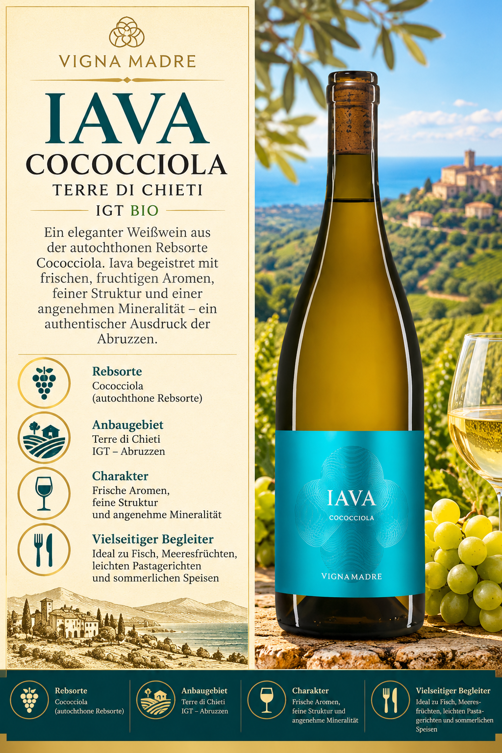 Weißwein, Cococciola, IGT BIO, Terre di Chieti, Flasche