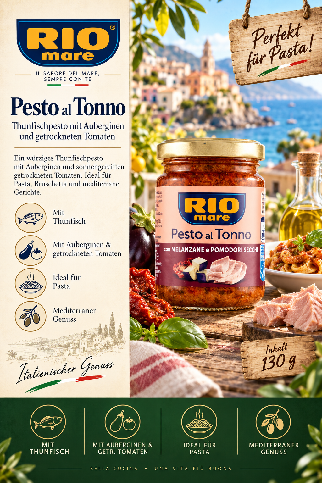 Pesto, Pasta-Sauce, Tomatensauce, Thunfisch, Glasglas