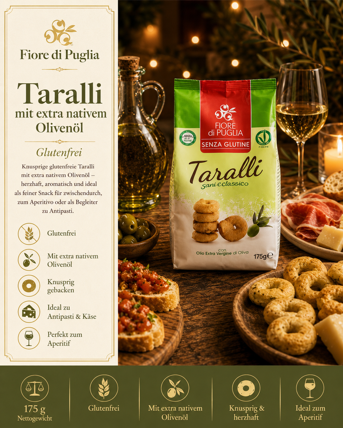 Taralli, glutenfrei, mit Olivenöl, knusprig, Snack