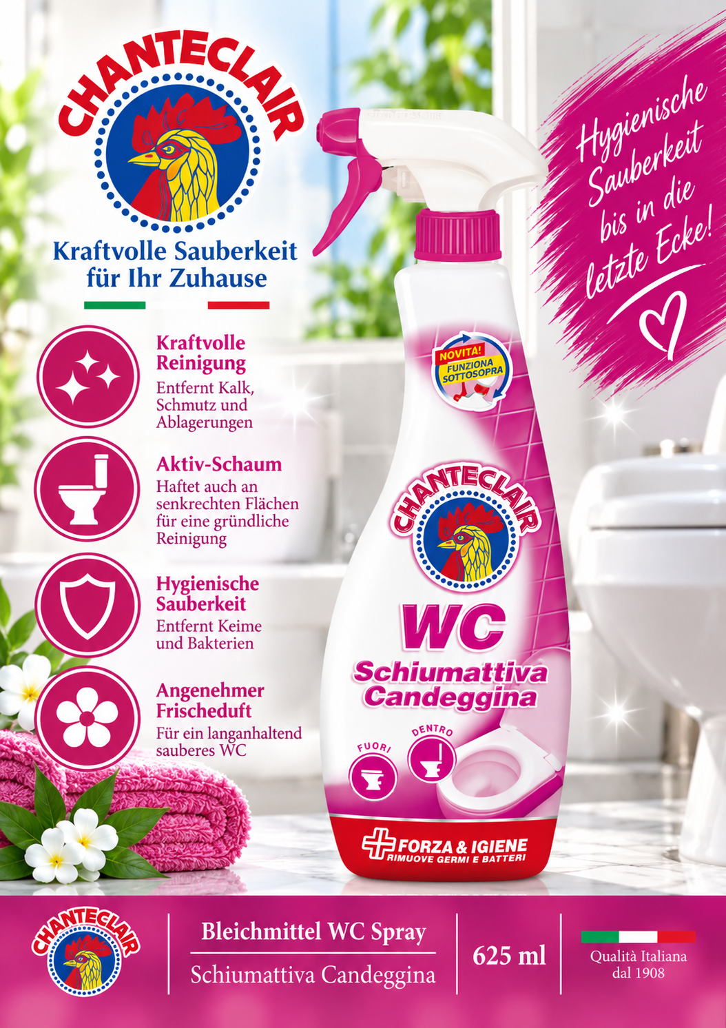 WC-Schaumreiniger, Schauminhalt, Flasche, Sprühflasche, Klotz-Design