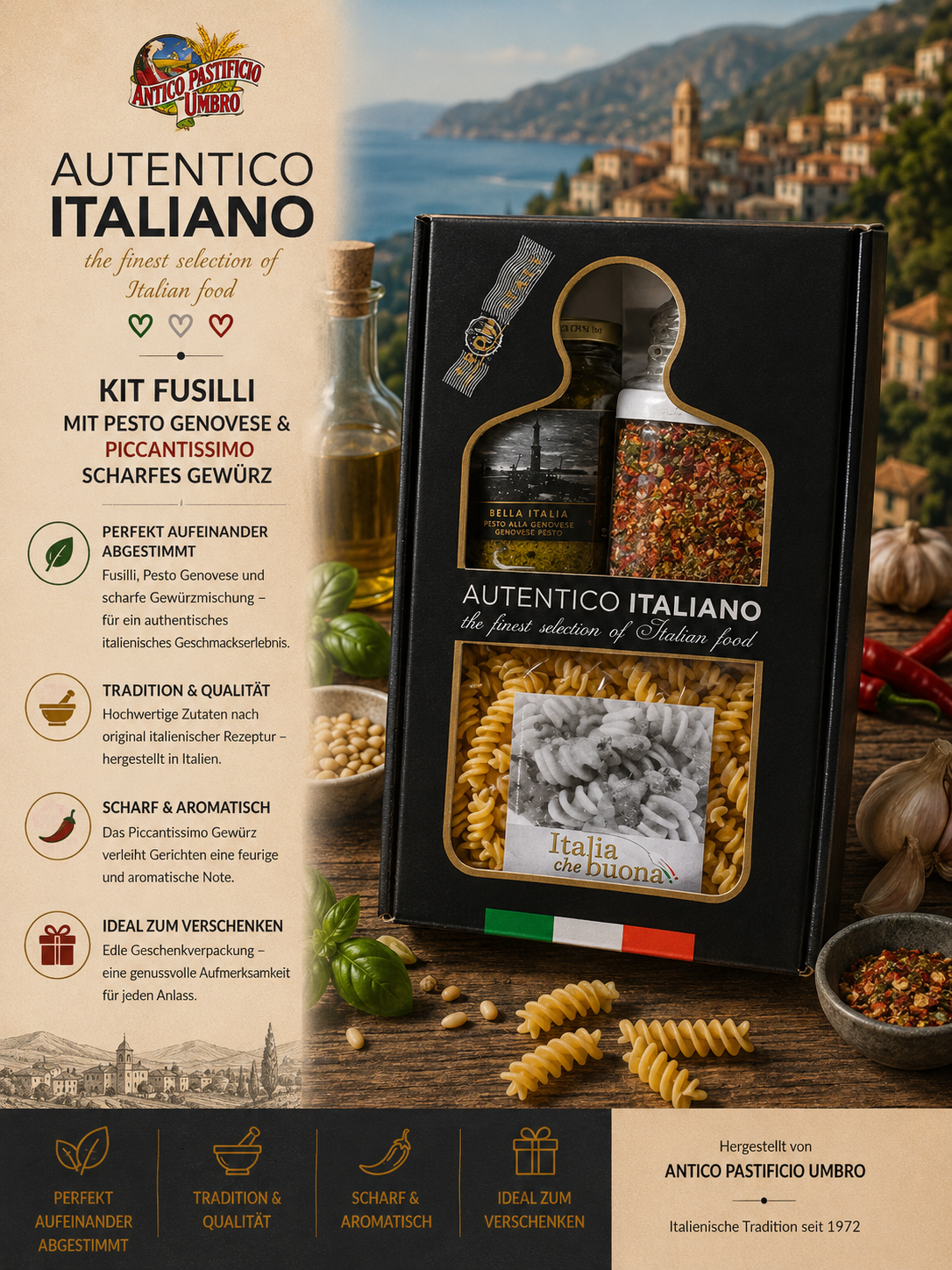 Pasta-Set, Fusilli, Pesto Genovese, italienische Gewürze, Geschenkverpackung