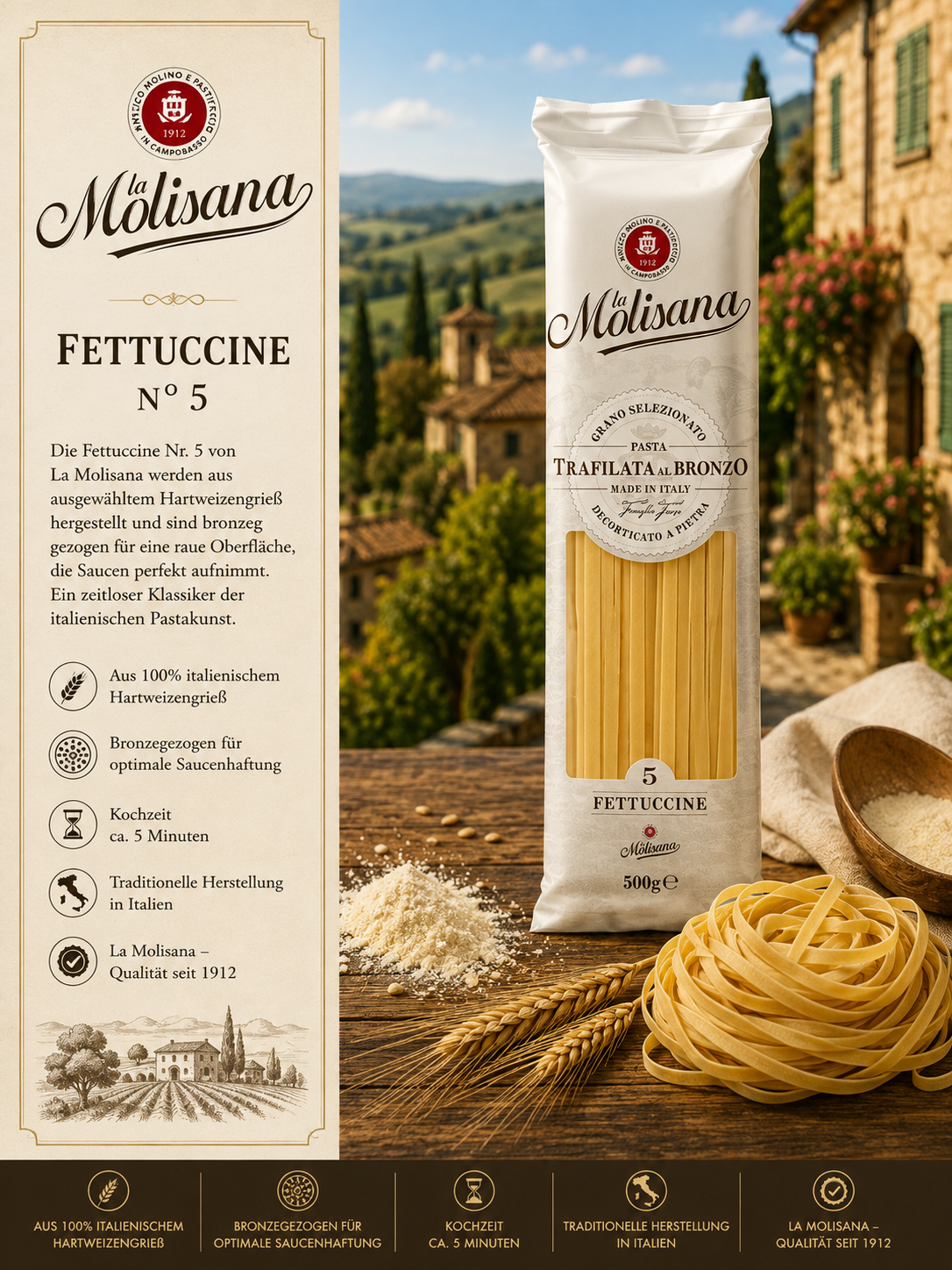 Fettuccine, Pasta, italienische Pasta, Hartweizengrieß, 500g