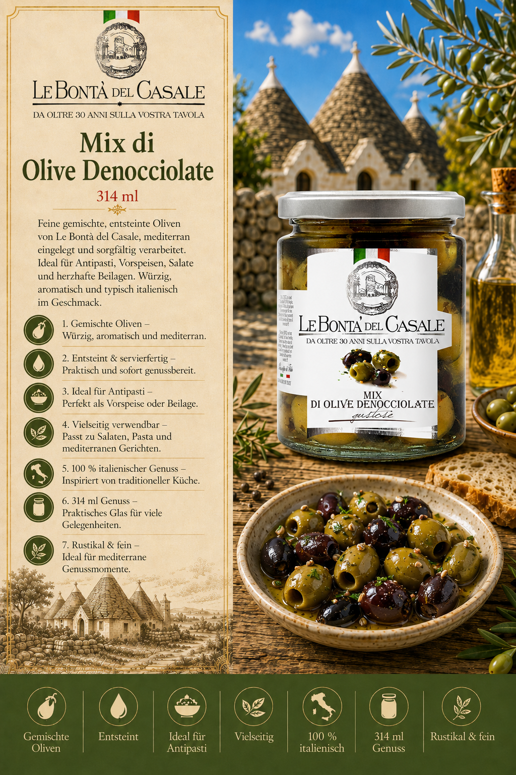 Olive mix, Olivenpaste, Denocciolate, Glas jar, Italienisch