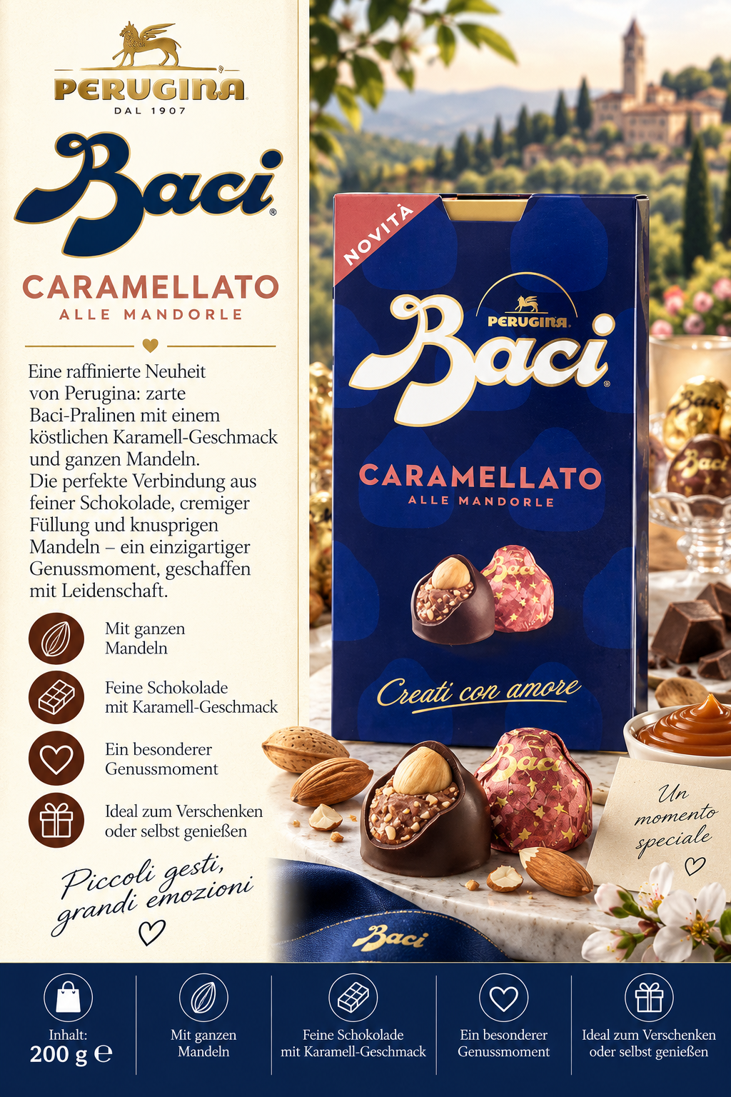 Karamell-Schokolade, Mandeln, Pralinen, Schokolade, Verpackung