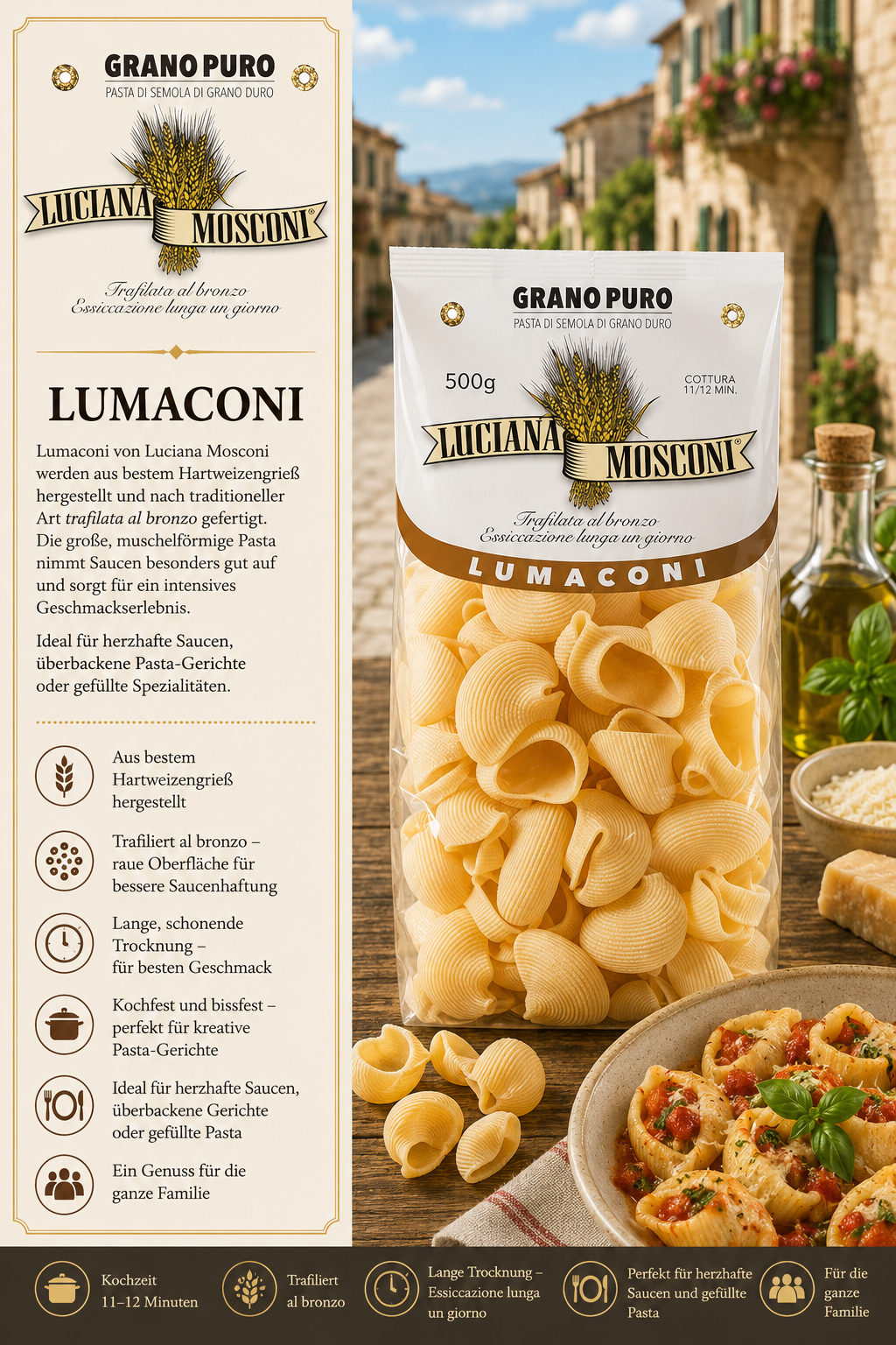 Pasta, Lumaconi, Grano Puro, Luciana Mosconi, 500g