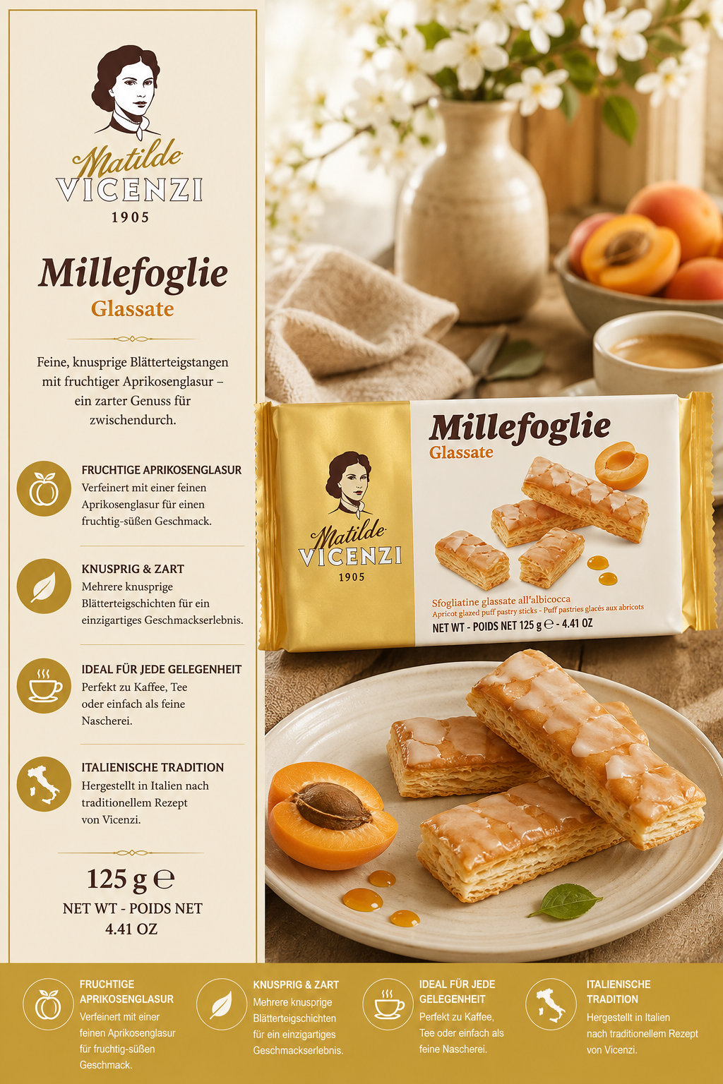 Millefoglie, Glasstasse, Aprikosenglasur, Blätterteig, Keks