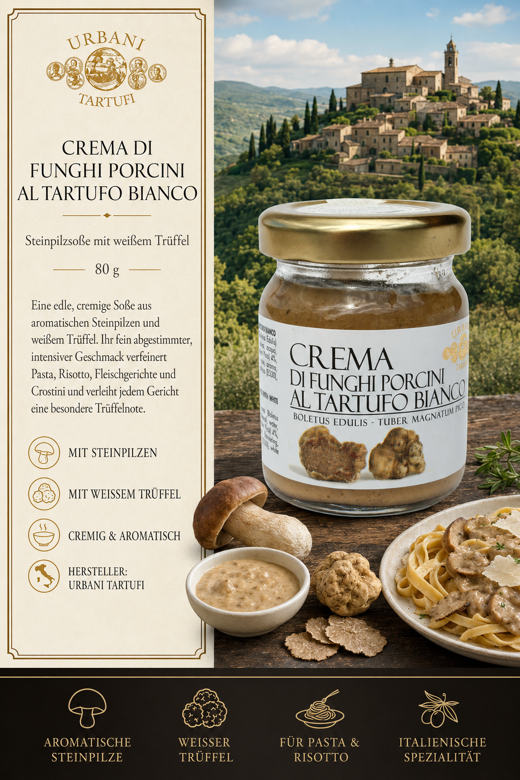 Crema di Funghi Porcini, Al Tartuf Bianco, Nussigcreme, Speisecreme, Glas mit Deckel