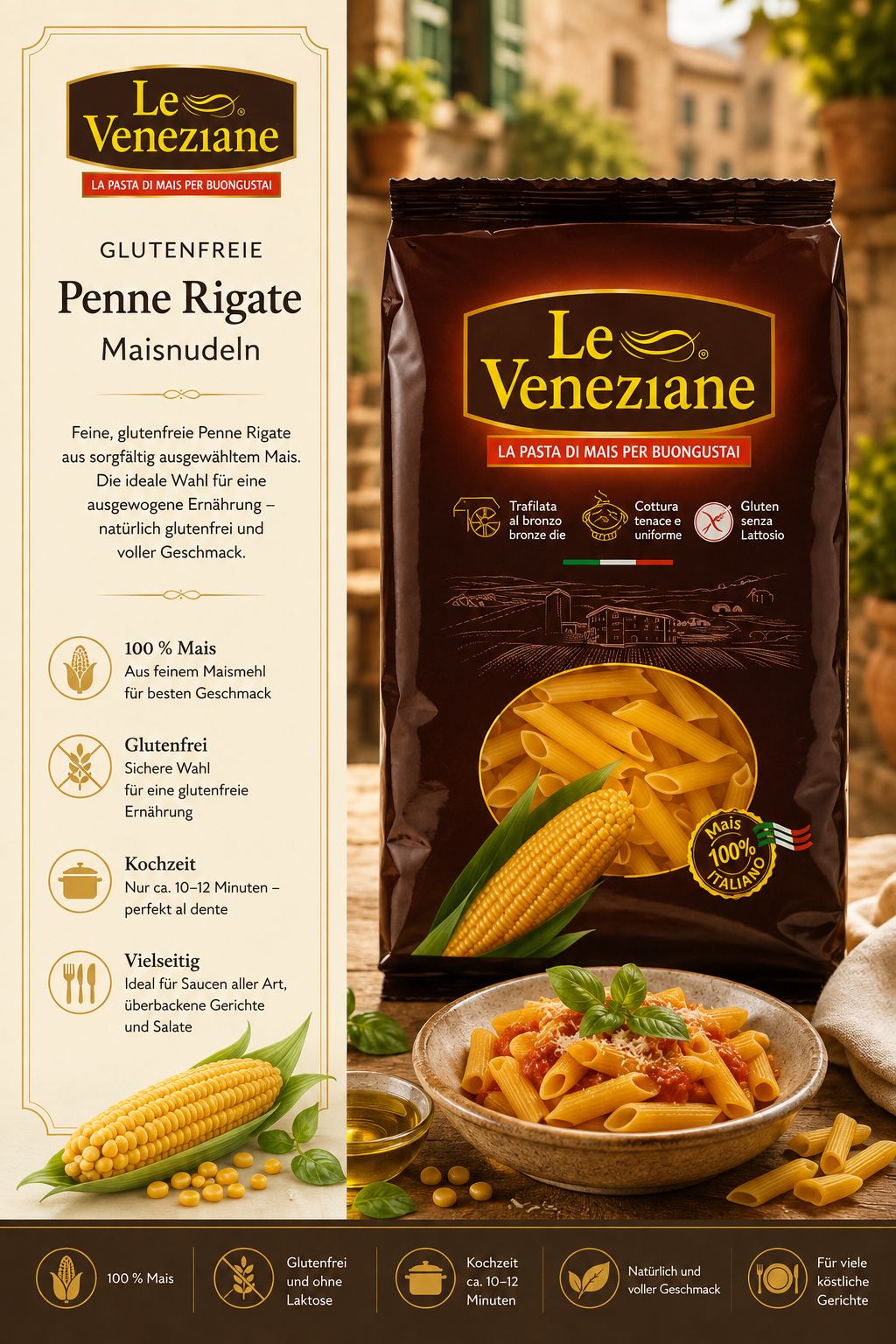 Penne Rigate, Maisnudeln, Glutenfrei, Italienische Pasta, Maissorte