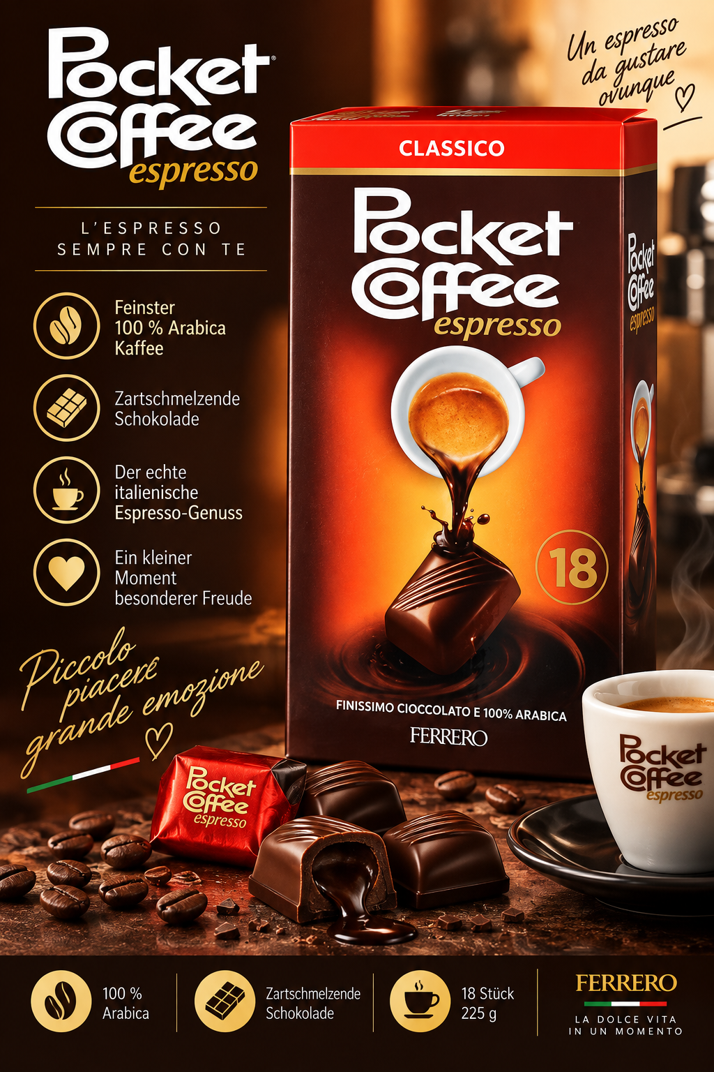 Kaffee, Espresso, Schokolade, Schachtel, 18 Stück