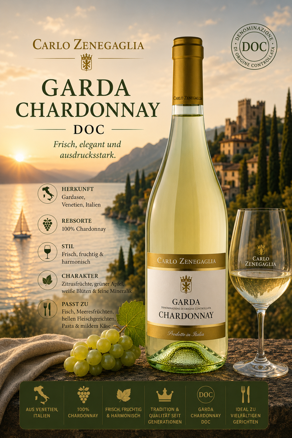 wein, chardonnay, flasche, glas, italien