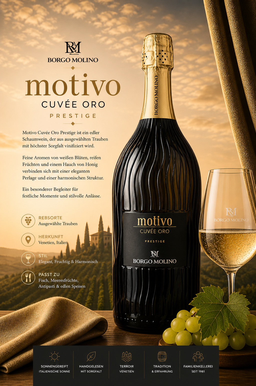 Sekt, Flasche, Champagner, Motivo Cuvee Oro, Borgo Molino