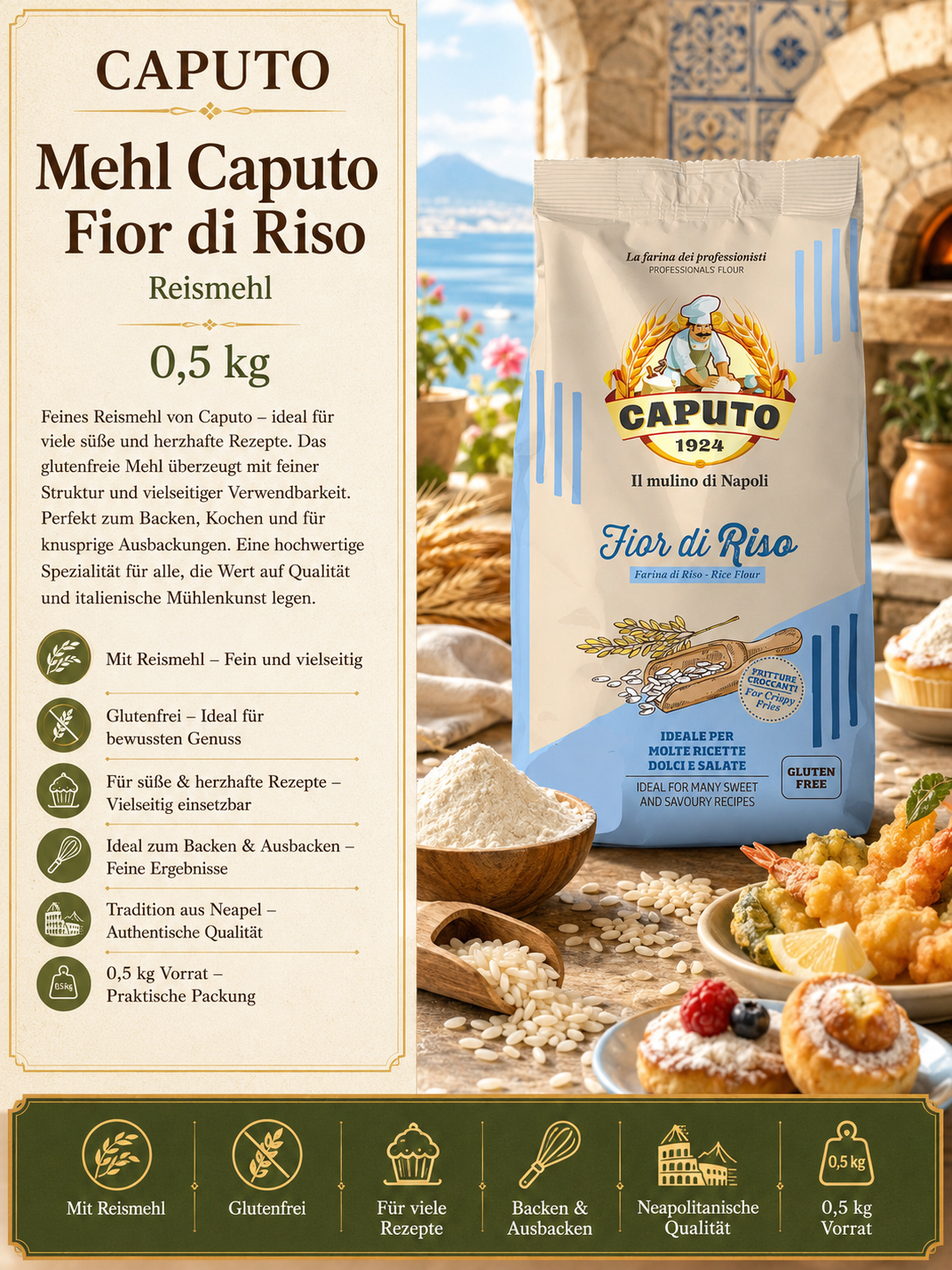 Reismehl, Caputo, Fior di Riso, 0,5 kg, Glutenfrei