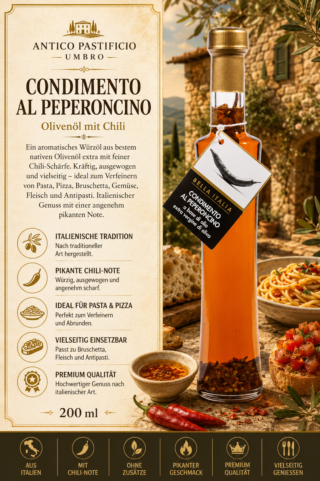 Olivenöl, Chili, Pfefferoni, ItalienischeTradition, Pasta/Pizza