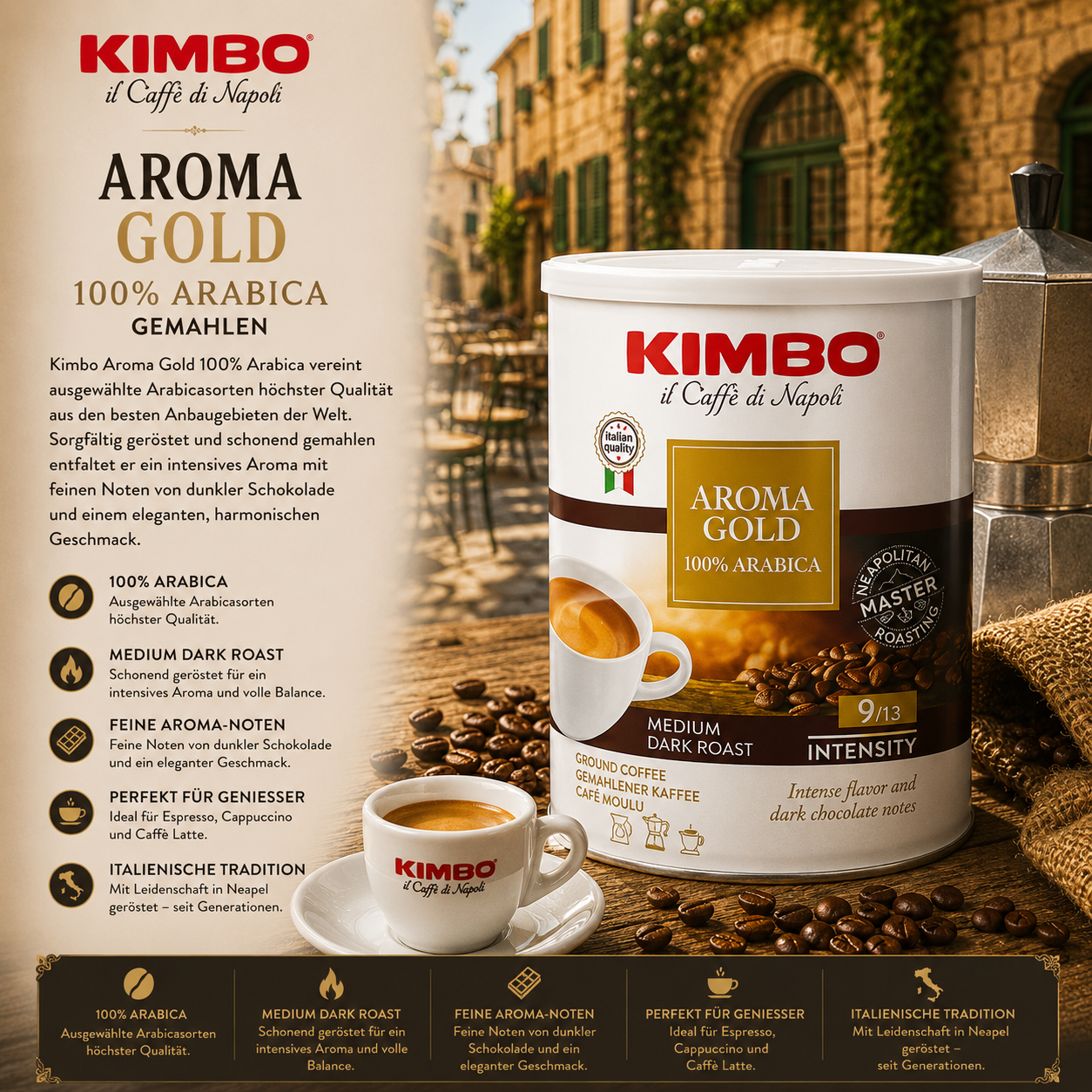 KIMBO, Aroma Gold, Arabica, Kaffee, Dosenpaket