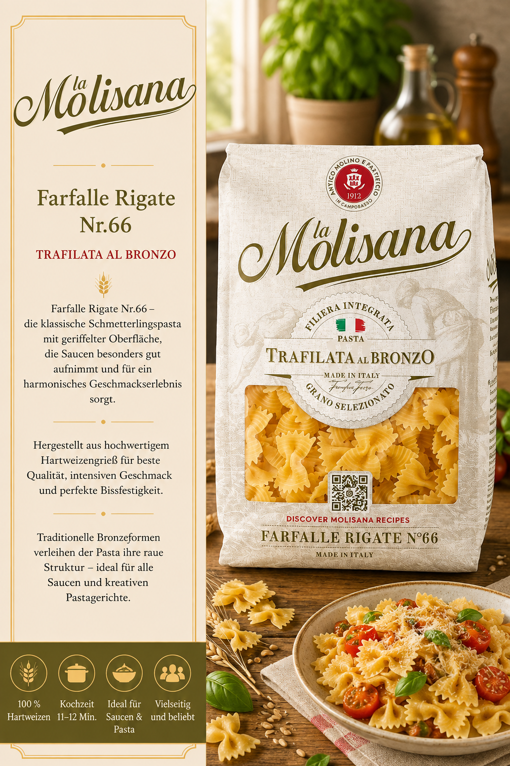 Pasta, Farfalle, Rigate, Bronze, Hergestellt in Italien