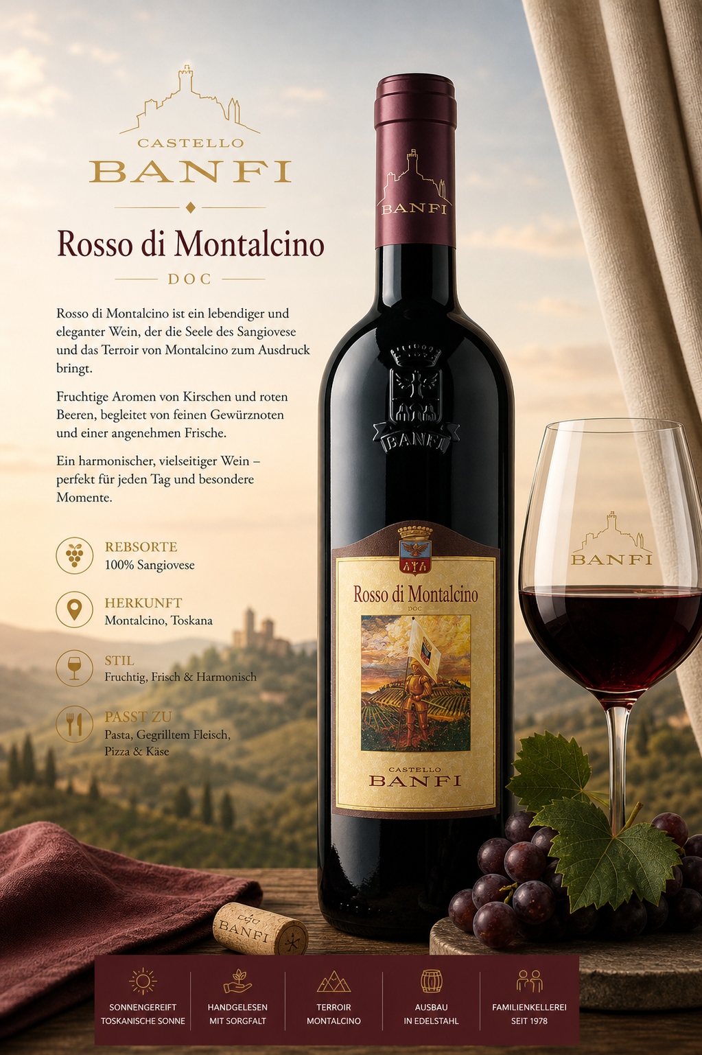 Rotwein, Rosso di Montalcino, Glas Wein, Korken, Etikett