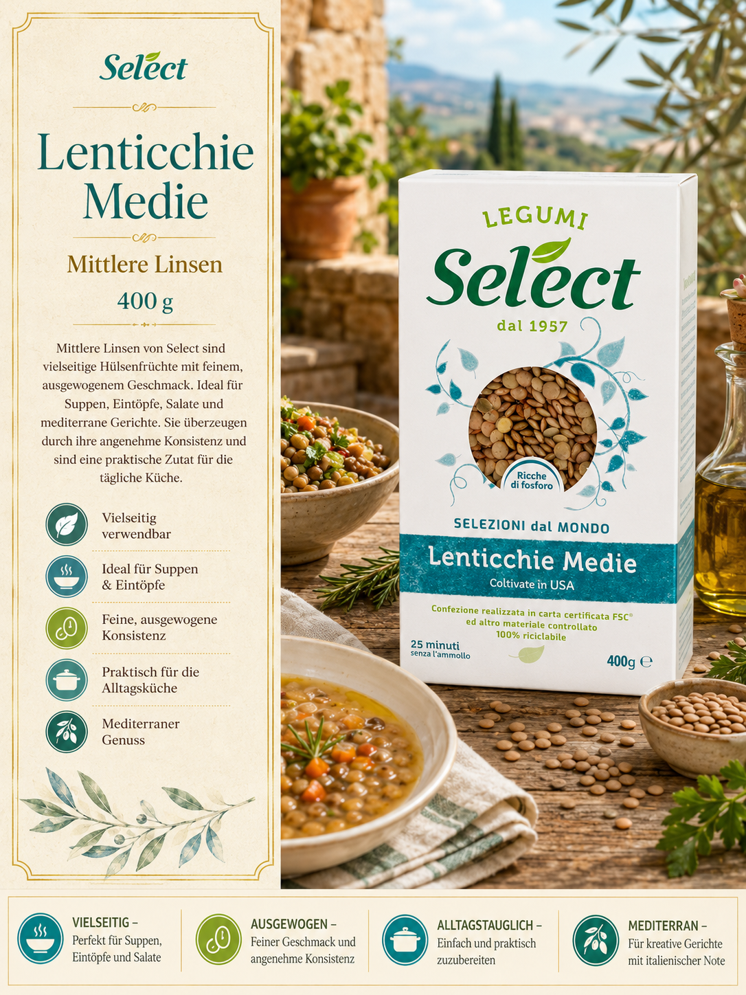 Lentilchen Medio, Linsenpackung, 400 g, Select, Legumi