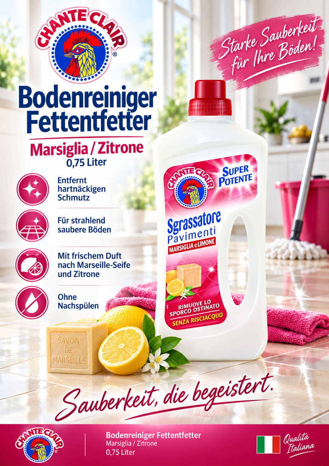 Bodenreiniger, Fetttentfetter, Marsiglia Zitronen, 0,75 Liter, Schaumreiniger